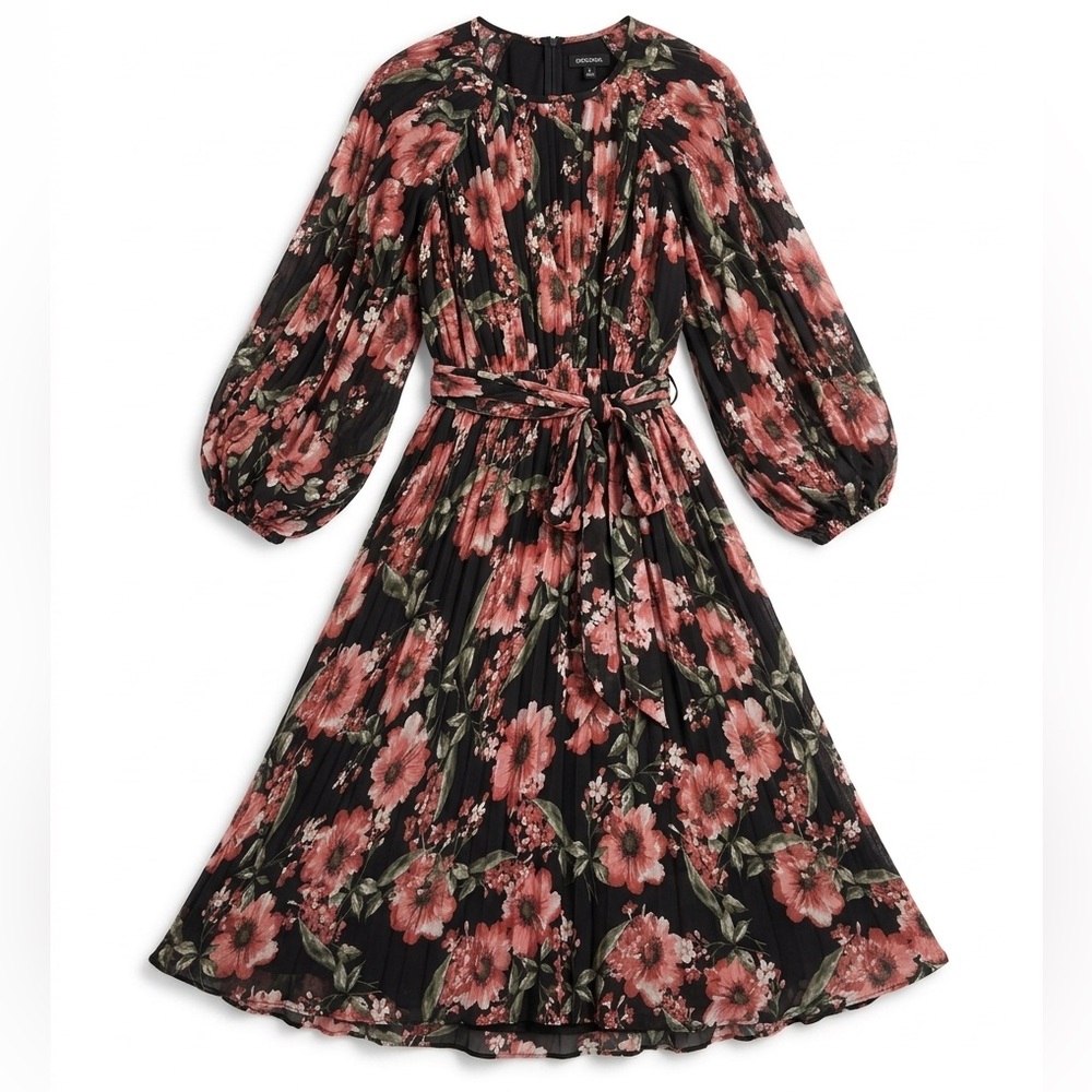 Boohoo Plus Black and Pink Floral Puff Sleeve Pleated Maxi Dress